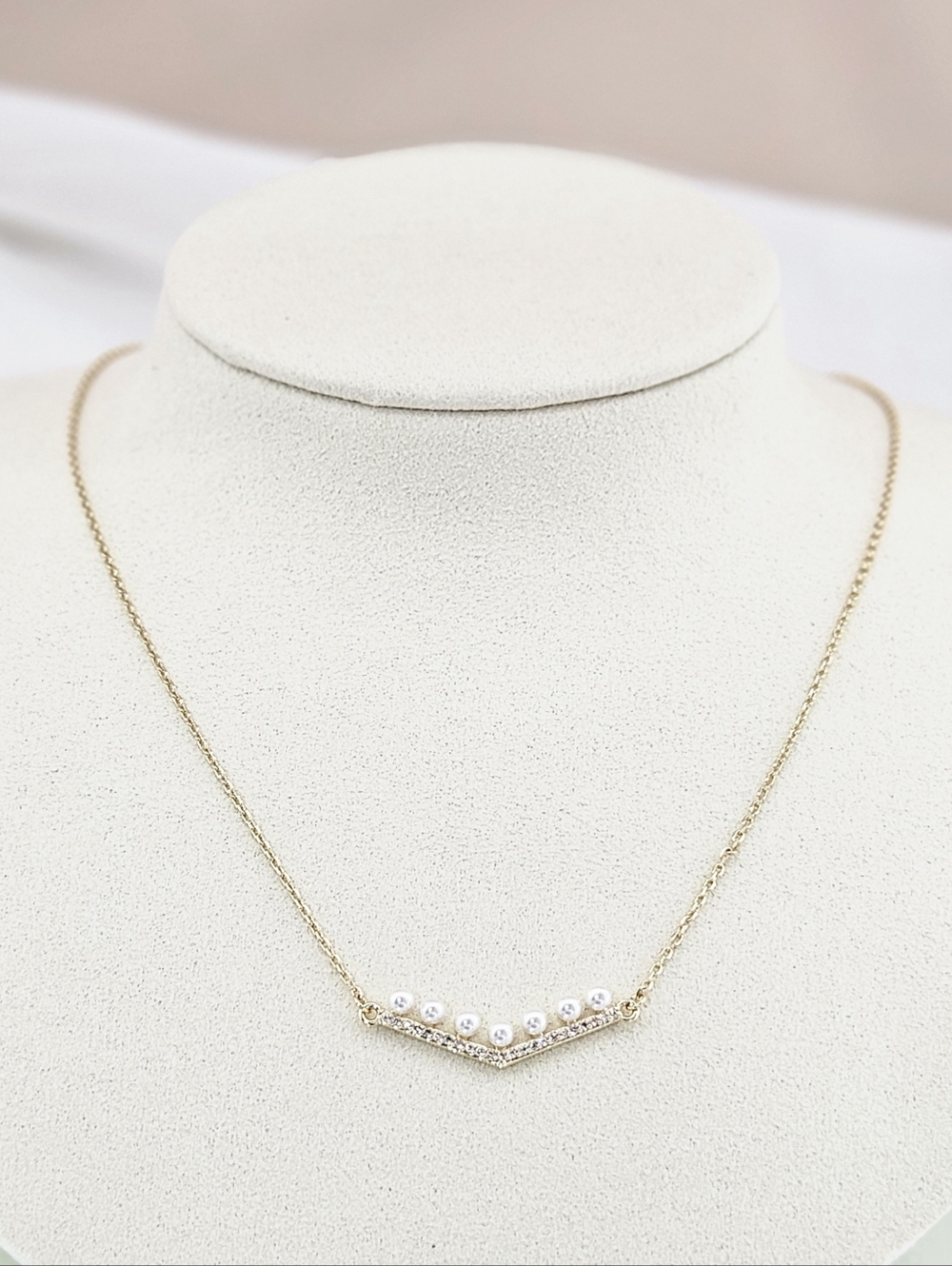 Adornia 14k Gold Plated Crystal Faux Pearl Bar V Necklace Modern Minimalist Boho